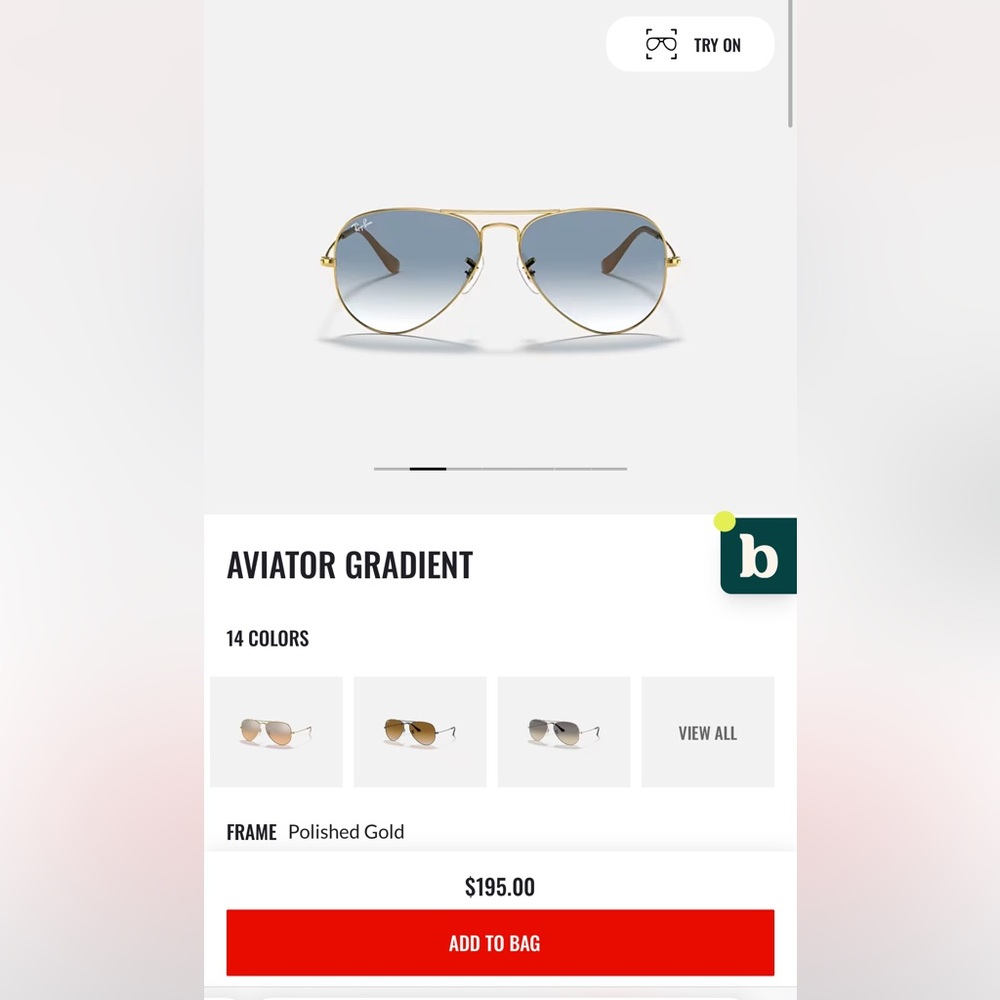 Ray ban frame shape pilot in gold with ombré blue clear lens.